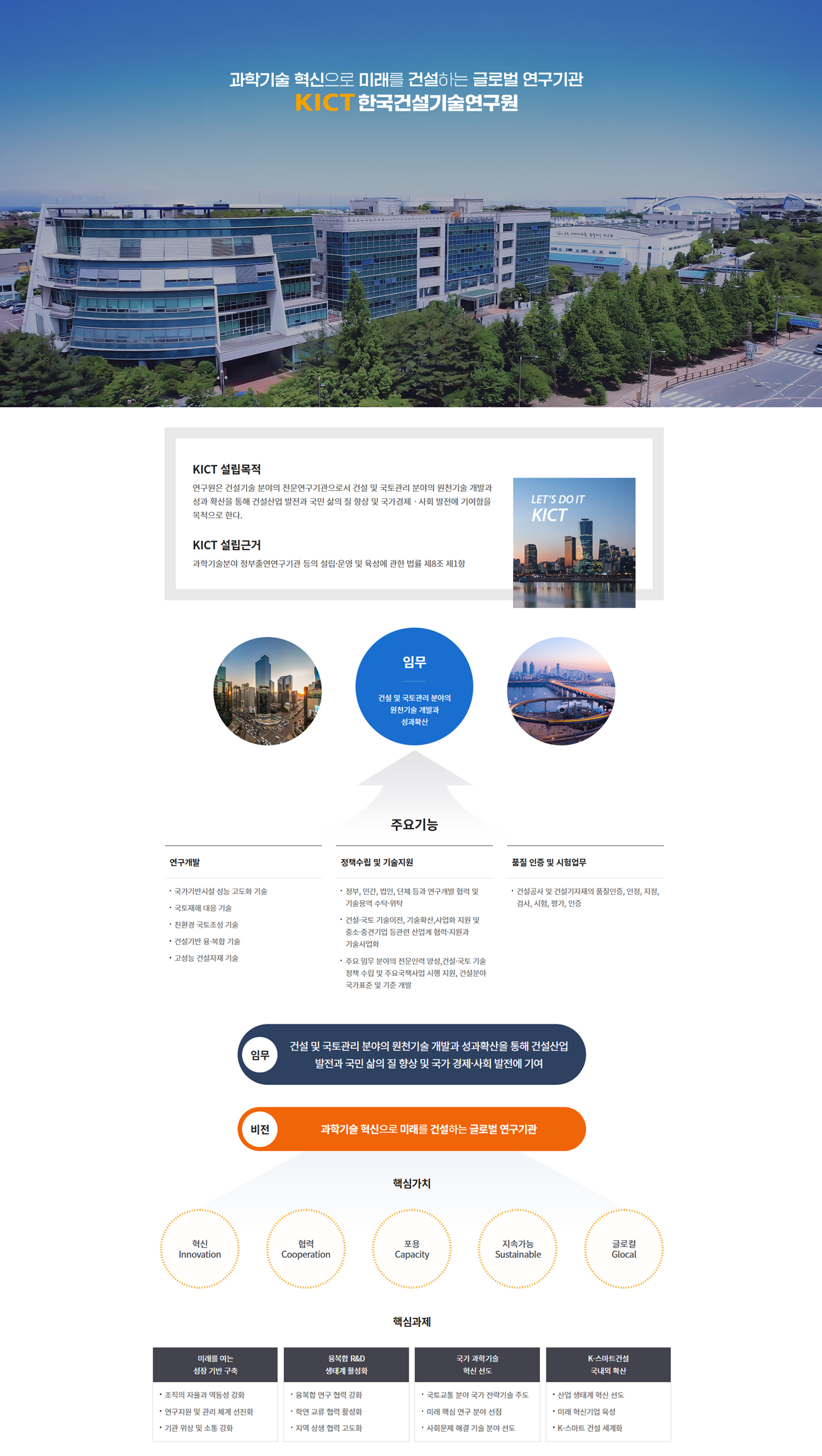 KICT 한국건설기술연구원 소개 — 설립목적, 임무, 주요기능, 비전, 핵심가치, 핵심과제